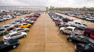 Imported car market stalls with rows of cars in Nigeria
