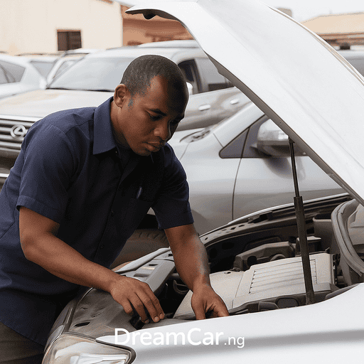Mechanic inspecting a Tokunbo car engine at a Nigerian auto market