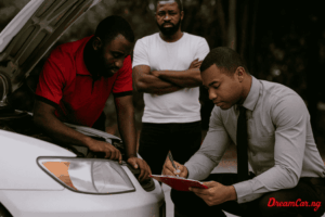 Nigerian buyer and his mechanic inspecting a used car while seller is waiting arm folded for them to complete the check