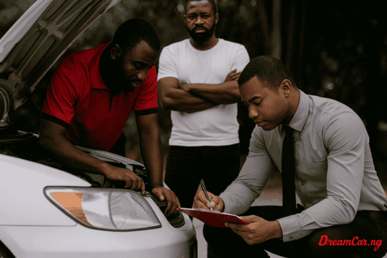Nigerian buyer and his mechanic inspecting a used car while seller is waiting arm folded for them to complete the check