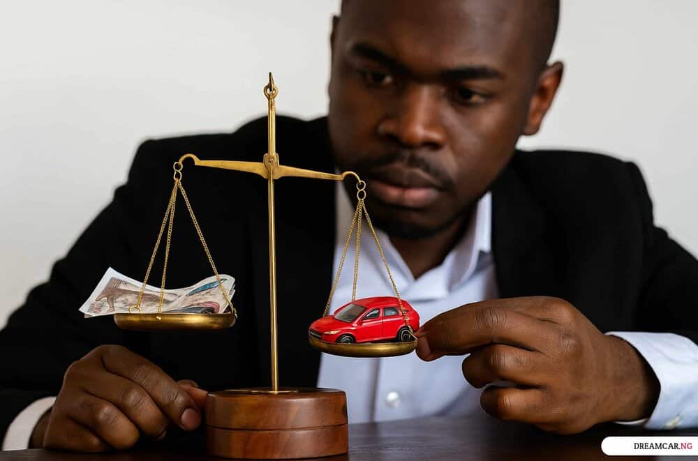 Nigerian man measuring car on a scale against naira