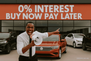 Nigerian man holding megaphone and advertising 0% interest rate on car financing deals
