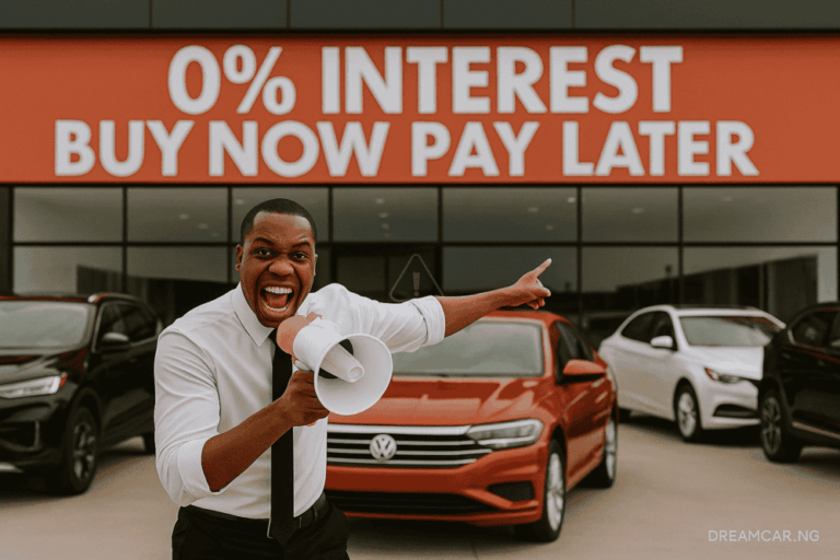 Nigerian man holding megaphone and advertising 0% interest rate on car financing deals