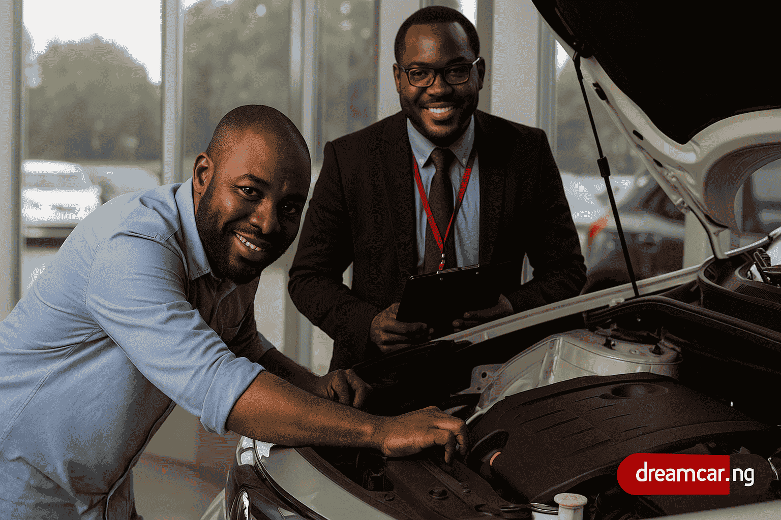 Nigerian man inspecting a used car at a dealership, with a salesperson beside him to avoid car scams