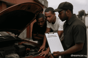 buyer seller and mechanic checking a Nigerian used car