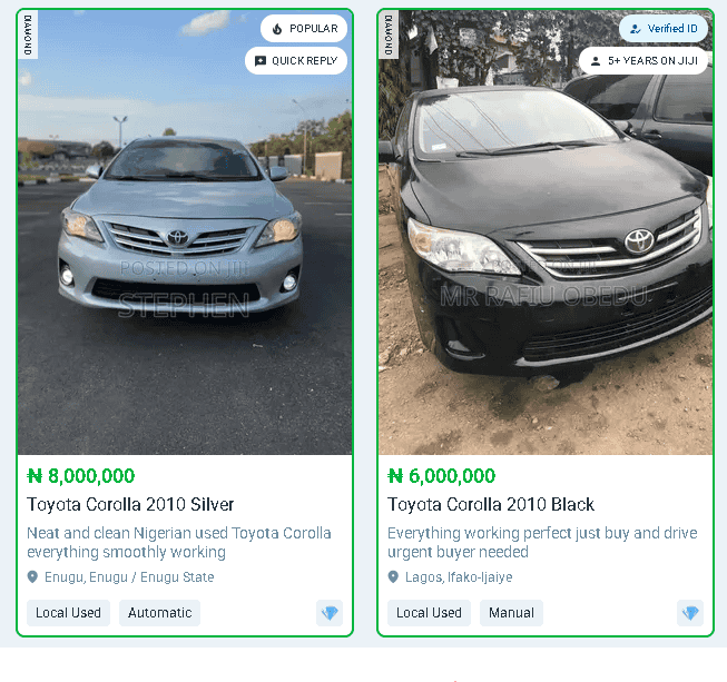 two same cars but with different price toyota corolla 2010